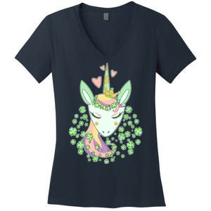 Cute St Patrick's Day Unicorn Shamrocks Clovers Women's V-Neck T-Shirt