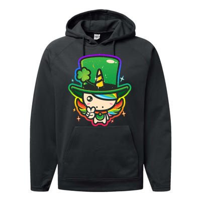 Cute St Patricks Leprechaun Rainbow Unicorn Performance Fleece Hoodie