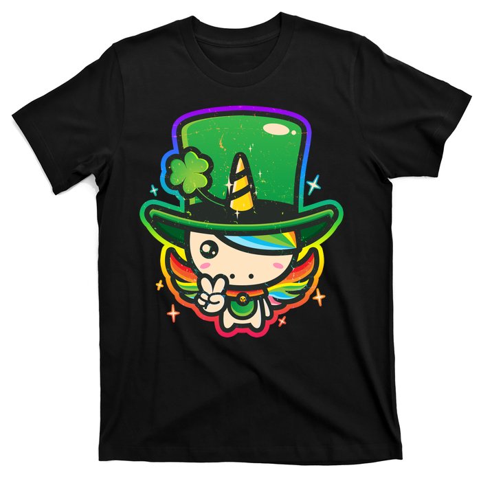 Cute St Patricks Leprechaun Rainbow Unicorn T-Shirt