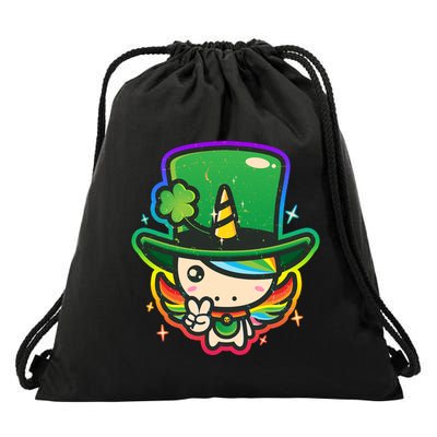 Cute St Patricks Leprechaun Rainbow Unicorn Drawstring Bag