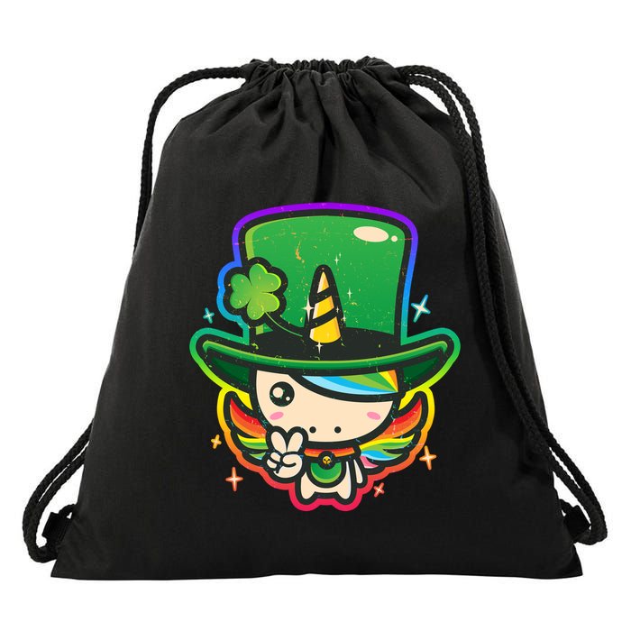 Cute St Patricks Leprechaun Rainbow Unicorn Drawstring Bag