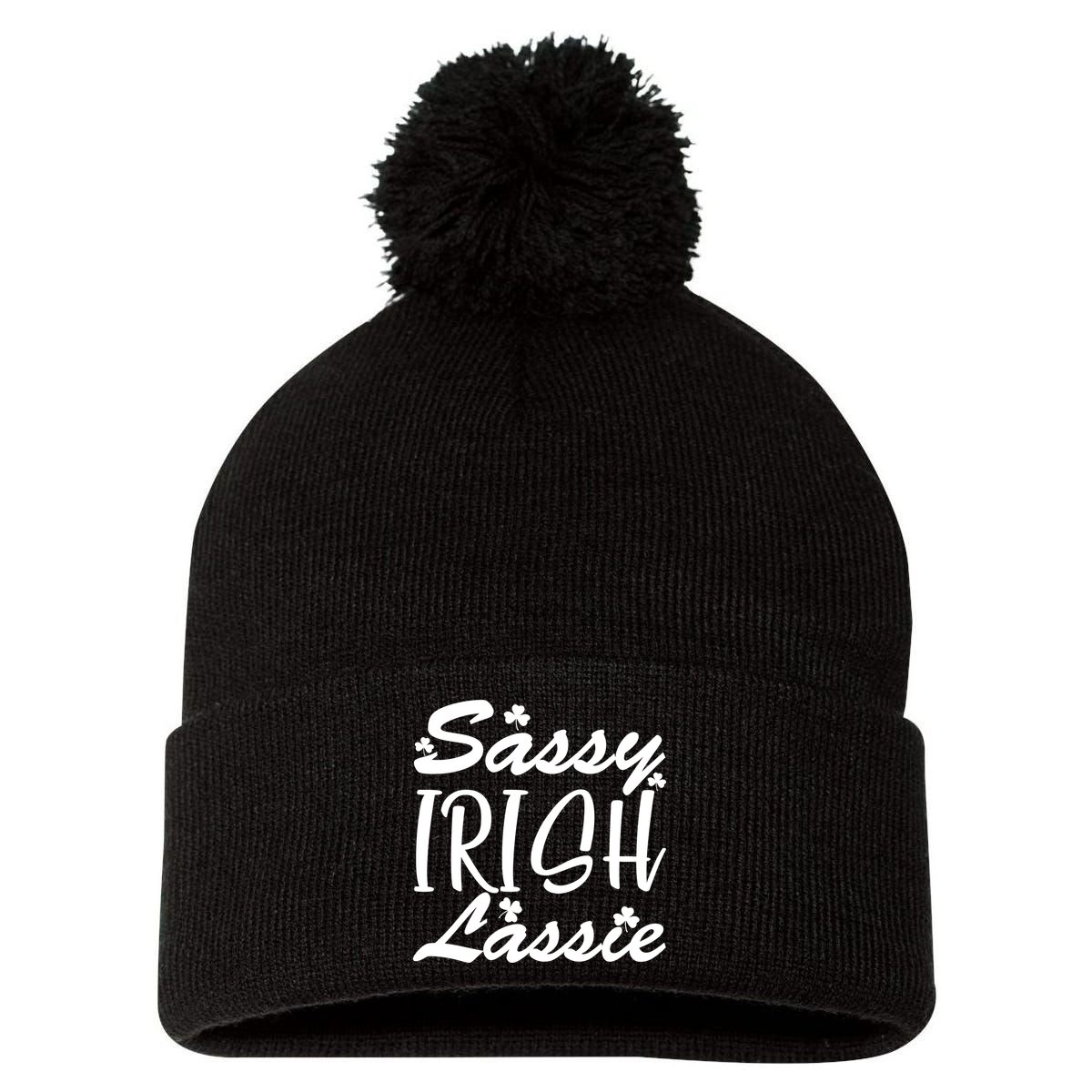 Cute St Pattys Day Sassie Irish Lassie Pom Pom 12in Knit Beanie