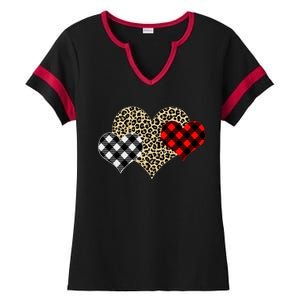 Cute Stylish Leopard Plaid Print Valentine Hearts Ladies Halftime Notch Neck Tee