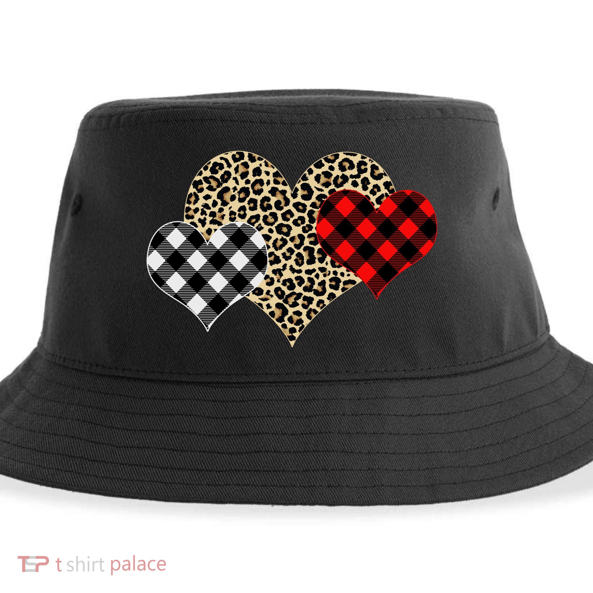 Cute Stylish Leopard Plaid Print Valentine Hearts Sustainable Bucket Hat