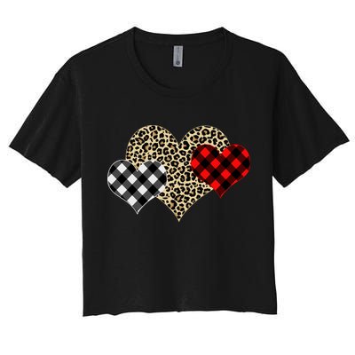 Cute Stylish Leopard Plaid Print Valentine Hearts Crop Top