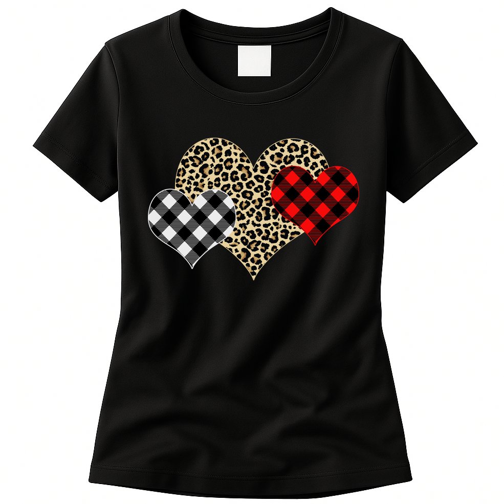 Cute Stylish Leopard Plaid Print Valentine Hearts Womens T-Shirt