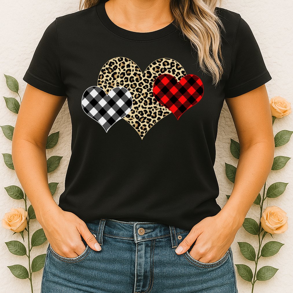 Cute Stylish Leopard Plaid Print Valentine Hearts Womens T-Shirt