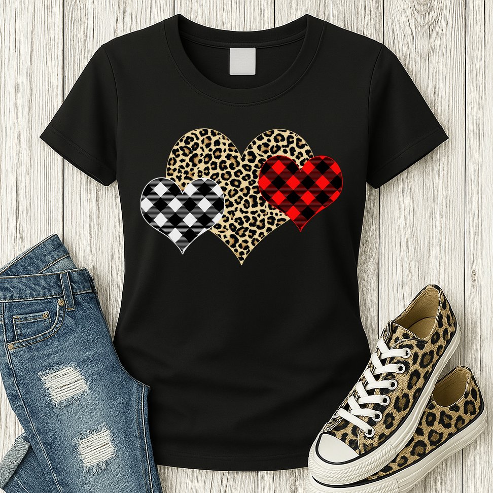 Cute Stylish Leopard Plaid Print Valentine Hearts Womens T-Shirt