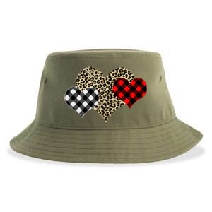 Cute Stylish Leopard Plaid Print Valentine Hearts Sustainable Bucket Hat