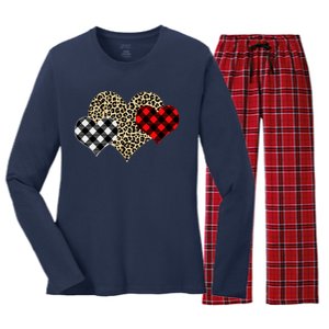 Cute Stylish Leopard Plaid Print Valentine Hearts Women's Long Sleeve Flannel Pajama Set 