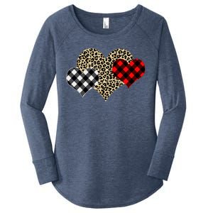 Cute Stylish Leopard Plaid Print Valentine Hearts Women's Perfect Tri Tunic Long Sleeve Shirt