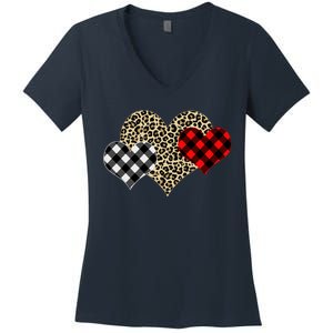 Cute Stylish Leopard Plaid Print Valentine Hearts Women's V-Neck T-Shirt