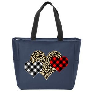 Cute Stylish Leopard Plaid Print Valentine Hearts Zip Tote Bag