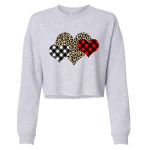 Cute Stylish Leopard Plaid Print Valentine Hearts Cropped Pullover Crew