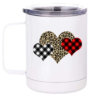 Cute Stylish Leopard Plaid Print Valentine Hearts 12 oz Stainless Steel Tumbler Cup