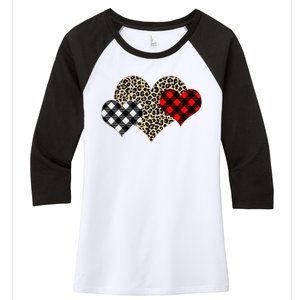 Cute Stylish Leopard Plaid Print Valentine Hearts Women's Tri-Blend 3/4-Sleeve Raglan Shirt