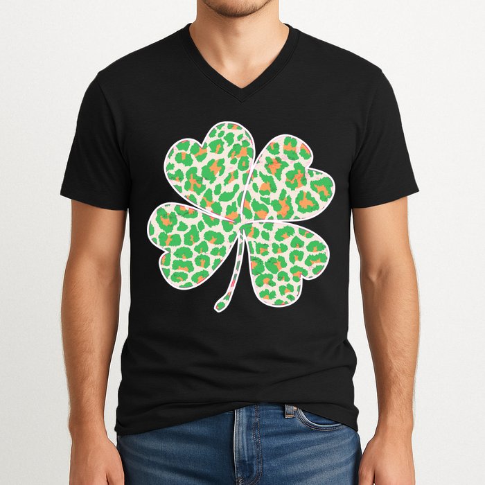 Cute Stylish Leopard Print Shamrock V-Neck T-Shirt