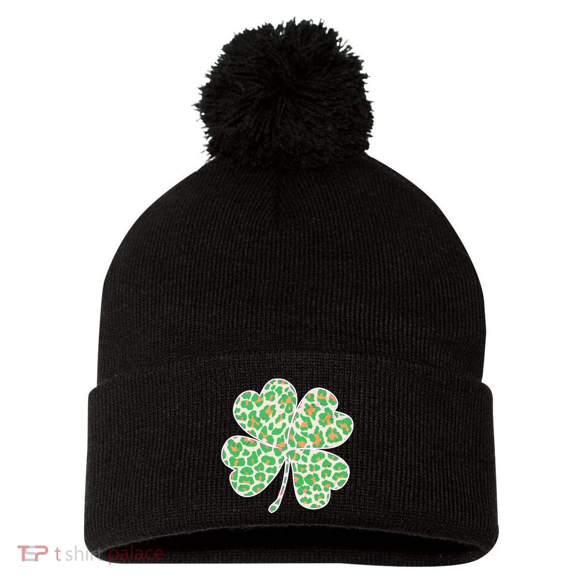 Cute Stylish Leopard Print Shamrock Pom Pom 12in Knit Beanie