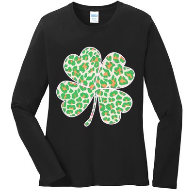Cute Stylish Leopard Print Shamrock Ladies Long Sleeve Shirt