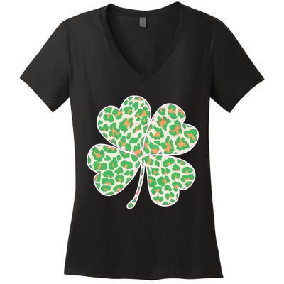 Cute Stylish Leopard Print Shamrock Women's V-Neck T-Shirt
