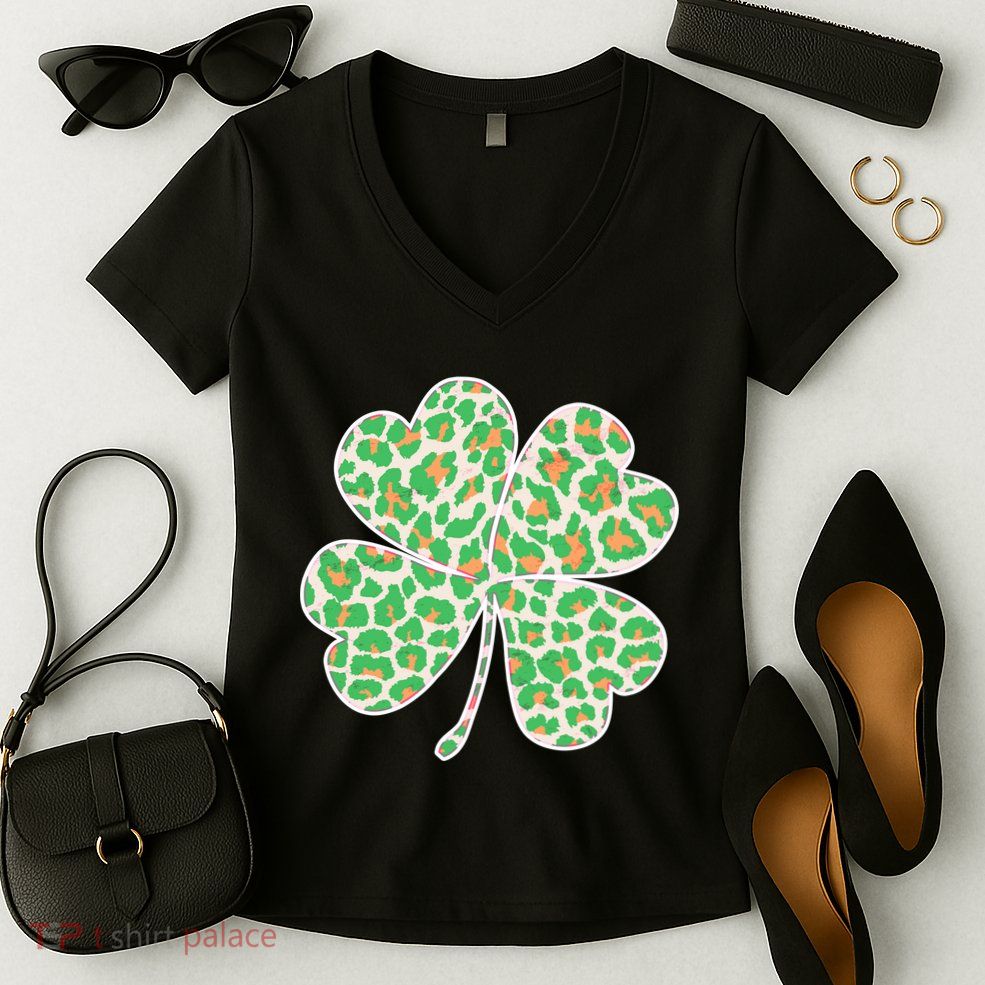 Cute Stylish Leopard Print Shamrock Women's V-Neck T-Shirt