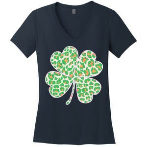 Cute Stylish Leopard Print Shamrock Women's V-Neck T-Shirt