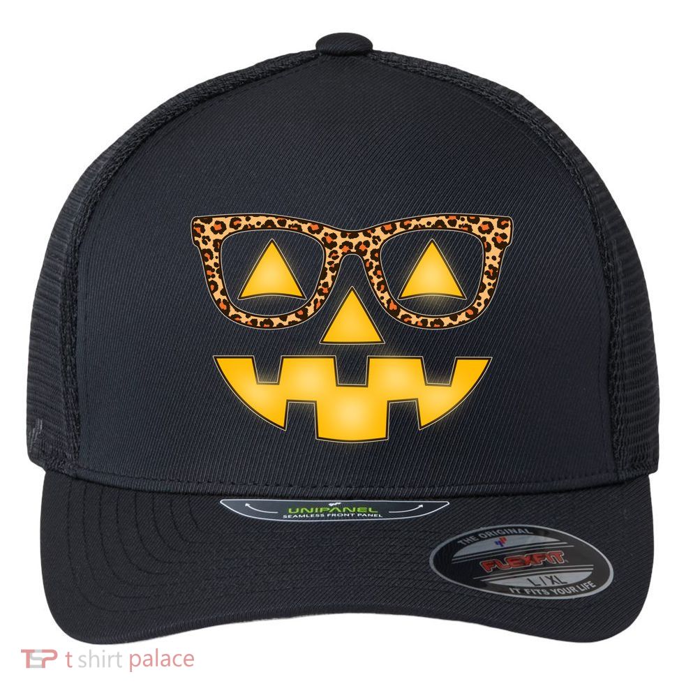 Cute Stylish Pumpkin Face With Glasses Flexfit Unipanel Trucker Cap
