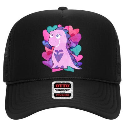 Cute T-Rex Valentine Full Of Hearts High Crown Mesh Back Trucker Hat