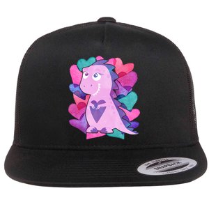 Cute T-Rex Valentine Full Of Hearts Flat Bill Trucker Hat