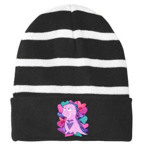 Cute T-Rex Valentine Full Of Hearts Striped Beanie with Solid Band