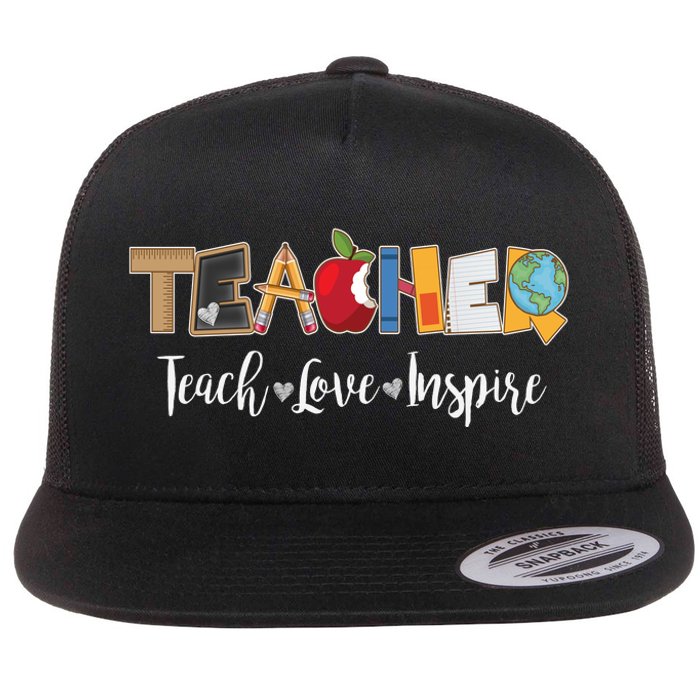 Cute Teacher Teach Love Inspire  Flat Bill Trucker Hat