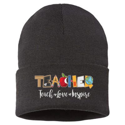 Cute Teacher Teach Love Inspire  Sustainable Knit Beanie