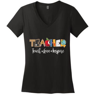 Cute Teacher Teach Love Inspire  Women's V-Neck T-Shirt