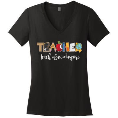 Cute Teacher Teach Love Inspire  Women's V-Neck T-Shirt