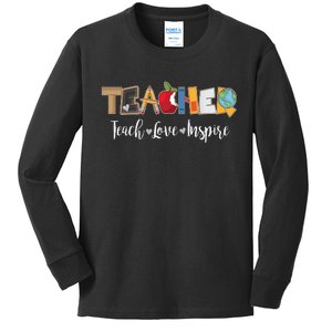 Cute Teacher Teach Love Inspire  Kids Long Sleeve Shirt