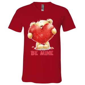 Cute Teddy Bear Holding Heart Be Mine Valentine's Day V-Neck T-Shirt