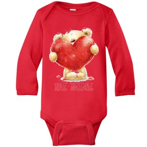 Cute Teddy Bear Holding Heart Be Mine Valentine's Day Baby Long Sleeve Bodysuit