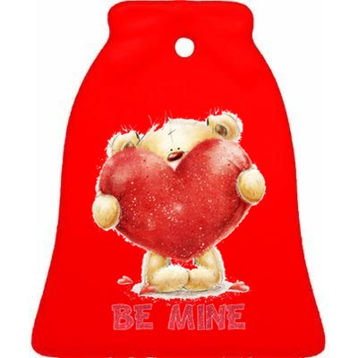 Cute Teddy Bear Holding Heart Be Mine Valentine's Day Ceramic Bell Ornament