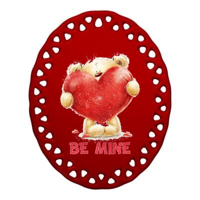 Cute Teddy Bear Holding Heart Be Mine Valentine's Day Ceramic Oval Ornament