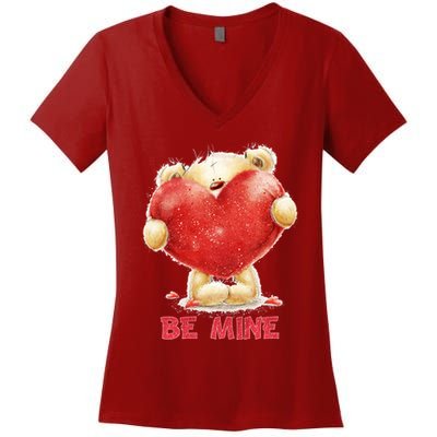 Cute Teddy Bear Holding Heart Be Mine Valentine's Day Women's V-Neck T-Shirt