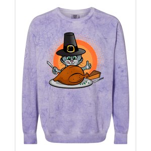 Cute Thanksgiving Happy Kitty Turkey Dinner Colorblast Crewneck Sweatshirt