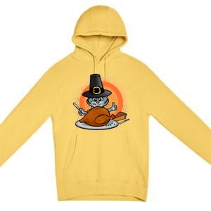 Cute Thanksgiving Happy Kitty Turkey Dinner Premium Pullover Hoodie