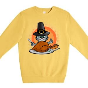 Cute Thanksgiving Happy Kitty Turkey Dinner Premium Crewneck Sweatshirt