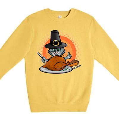 Cute Thanksgiving Happy Kitty Turkey Dinner Premium Crewneck Sweatshirt