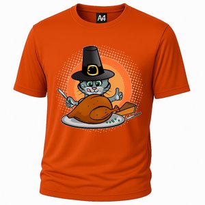 Cute Thanksgiving Happy Kitty Turkey Dinner Cooling Performance Crew T-Shirt