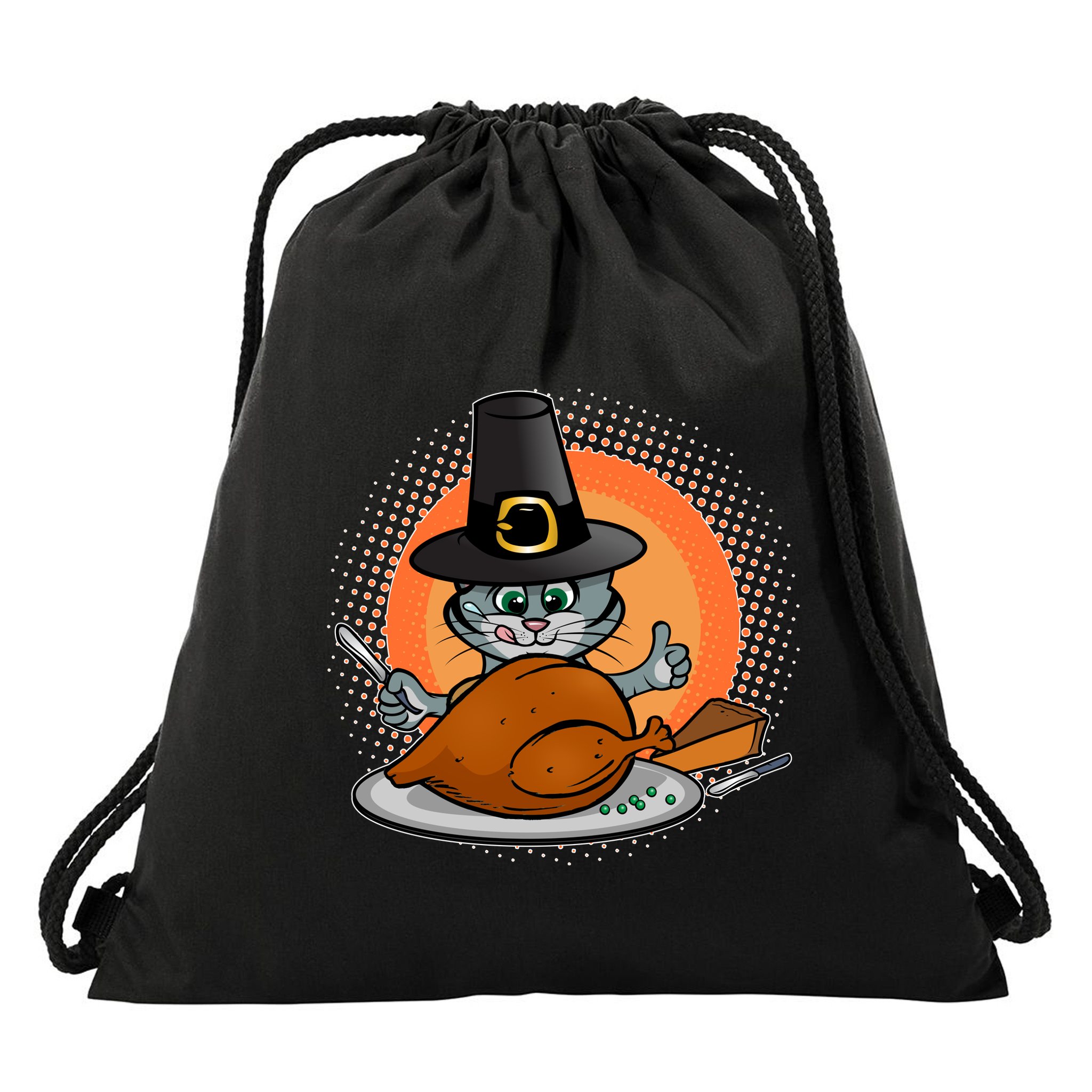 Cute Thanksgiving Happy Kitty Turkey Dinner Drawstring Bag