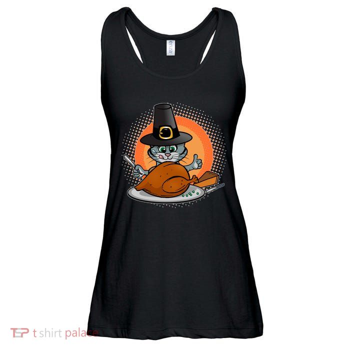 Cute Thanksgiving Happy Kitty Turkey Dinner Ladies Essential Flowy Tank