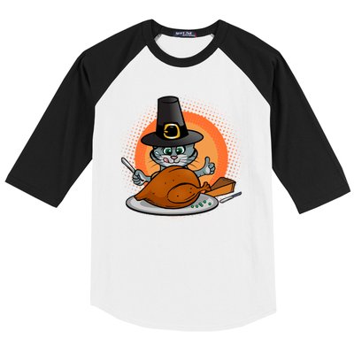 Cute Thanksgiving Happy Kitty Turkey Dinner Baseball Sleeve Shirt