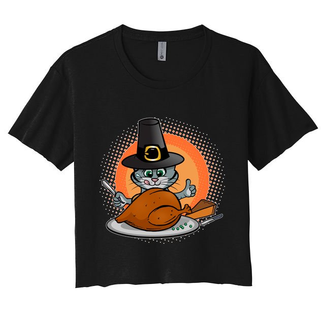 Cute Thanksgiving Happy Kitty Turkey Dinner Crop Top