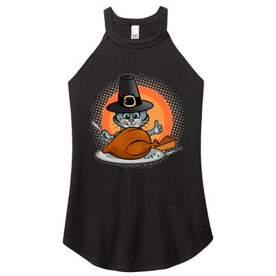 Cute Thanksgiving Happy Kitty Turkey Dinner Women's Perfect Tri Rocker Tank